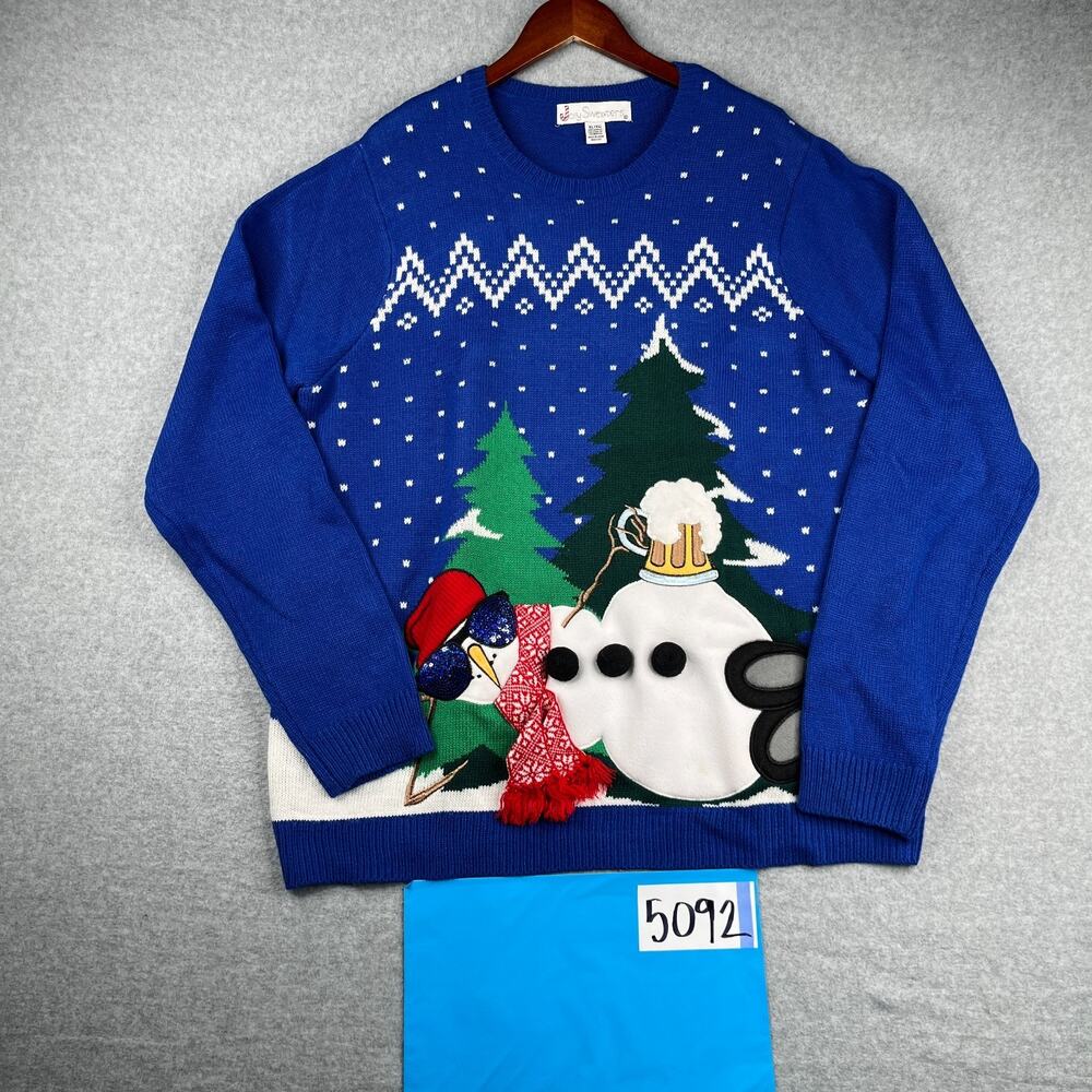 Jolly Sweaters Funny Christmas Sweater XL Blue Knit Snowman Beer Casual Party